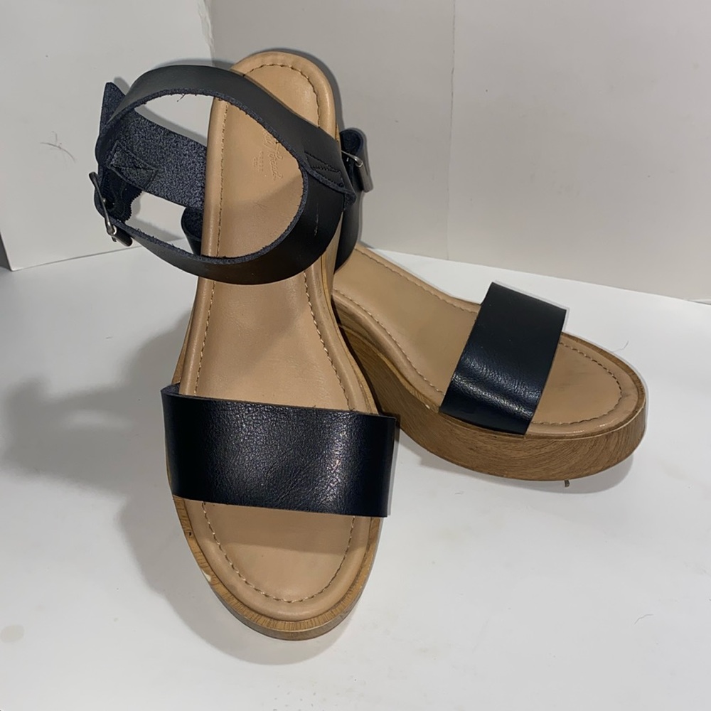 Black and tan low wedge sandals size ten